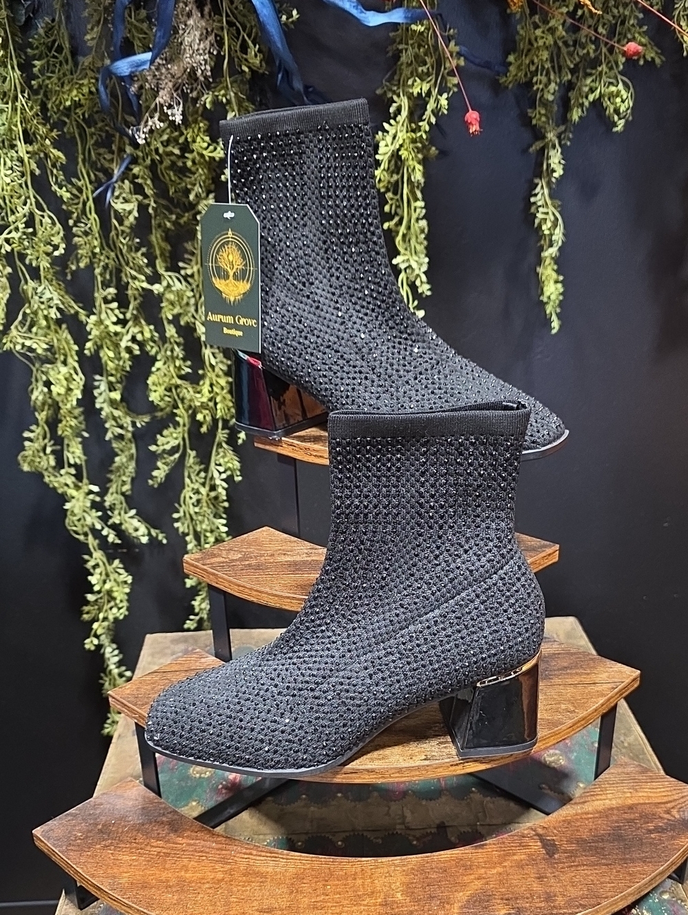 Andiamo Black Embellished Rhinstone  Knit Ankle Boot